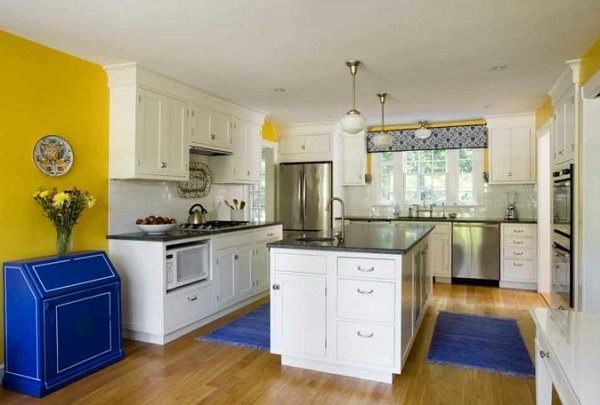yellow and blue kitchen design