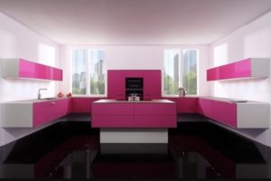 Pink kitchen cabinets with white walls