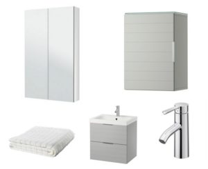 GODMORGON wall cabinet, mirror cabinet, Afjarden bath towel, Dalskar bath faucet with strainer and GORMORGON/ODENSVIK sink cabinet